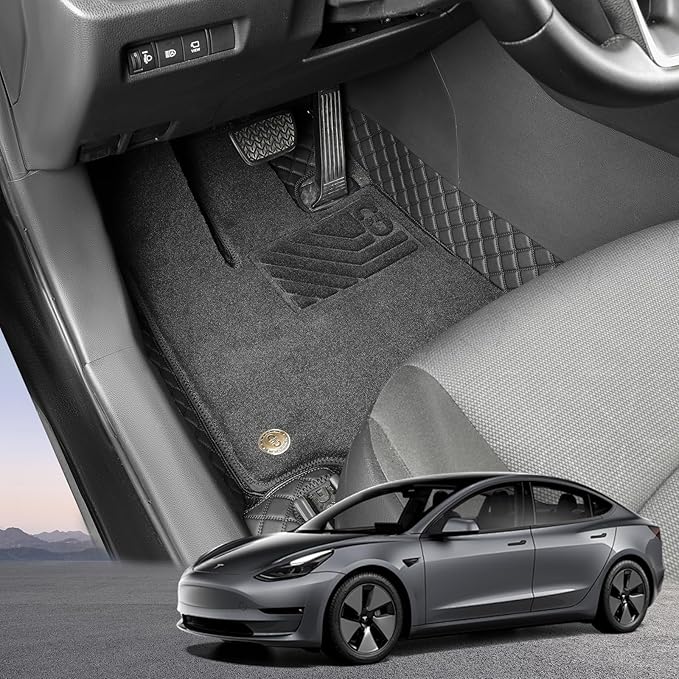 EKR Custom Floor Mats for Tesla Model 3 2017-2023, Front & 2nd Row Luxury Double Layer Car Floor Mat Liner Fit Model 3 2017 2018 2019 2020 2021 2022 2023 - Leatherette Plus Carpet (Black)