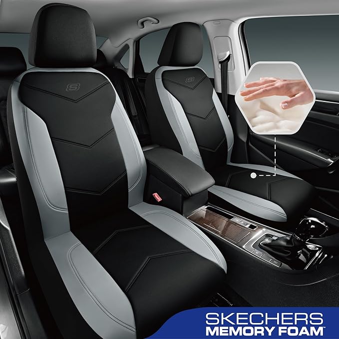 Skechers Memory Foam Seat Covers,Leather Car Seat Covers, Ultimate Comfort & Support Front Seat Covers Airbag Compatible, Automotive Universal Fit Most for SUVs, Vans, Sedans, Cars, Trucks,Gray