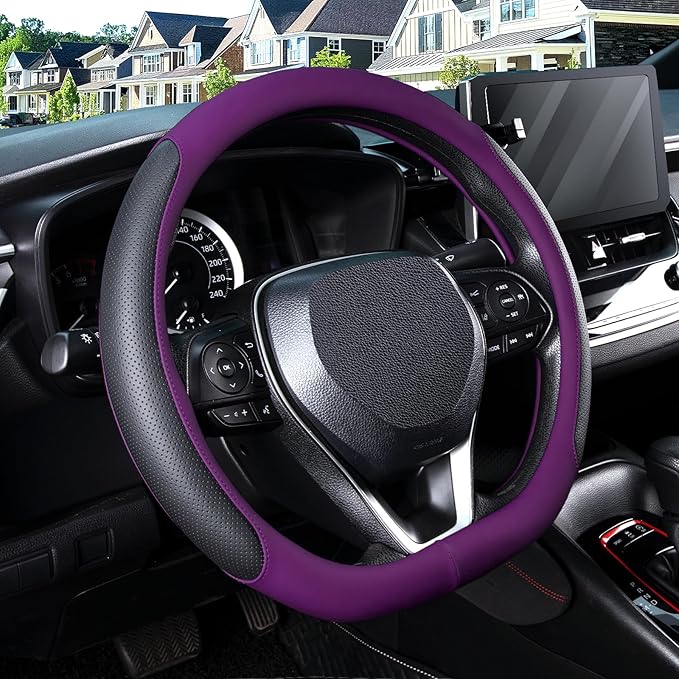 SEG Direct D Shaped Steering Wheel Cover for 14.5-15 inch Flat Bottom Wheels, Breathable Perforated Microfiber Leather, Anti-Slip Grip, Universal Fit for Cars & SUVs, Black and Dawn Purple