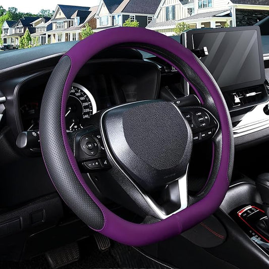 SEG Direct D Shaped Steering Wheel Cover for 14.5-15 inch Flat Bottom Wheels, Breathable Perforated Microfiber Leather, Anti-Slip Grip, Universal Fit for Cars & SUVs, Black and Dawn Purple