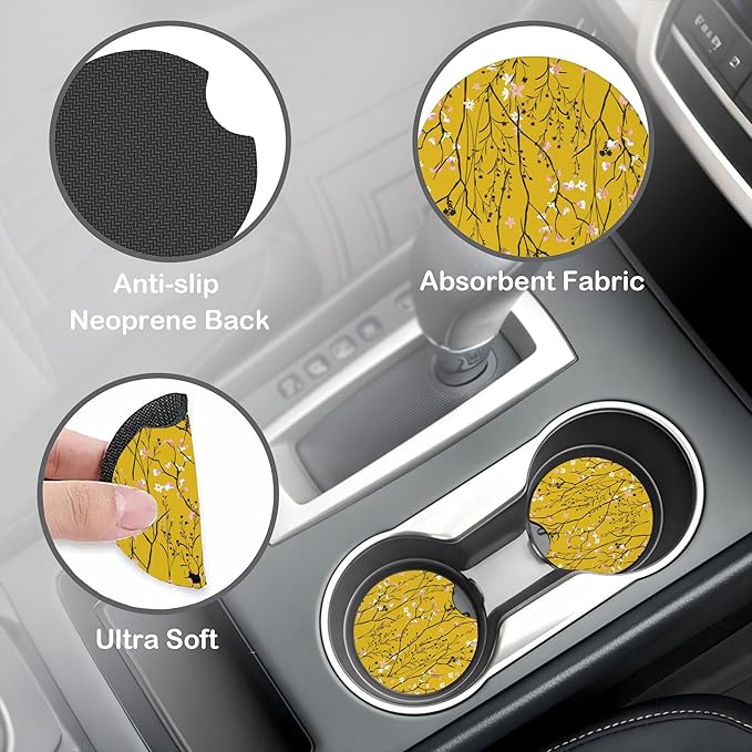 Yellow Botanical Floral Steering Wheel Cover for Women, Anti-Slip Car Steering Wheel Cover with 2 Pcs Cup Holders Neoprene Breathable Car Accessories Universal 15 Inch Auto Interior Decor