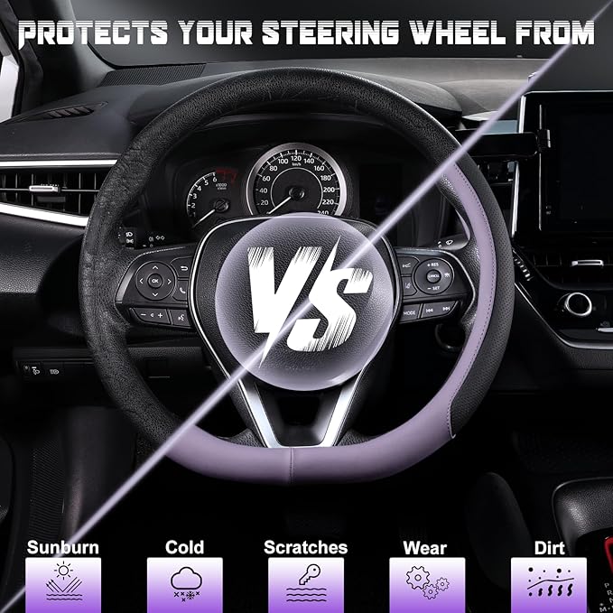 SEG Direct D Shaped Steering Wheel Cover for 14.5-15 inch Flat Bottom Wheels, Breathable Perforated Microfiber Leather, Anti-Slip Grip, Universal Fit for Cars & SUVs, Black and Light Purple