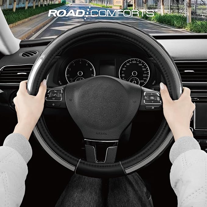 Road Comforts Leather Steering Wheel Cover – Black & Gray, Universal Fit 14.5-15 Inch, Microfiber Leather, Anti-Slip & Breathable Design for Men and Women
