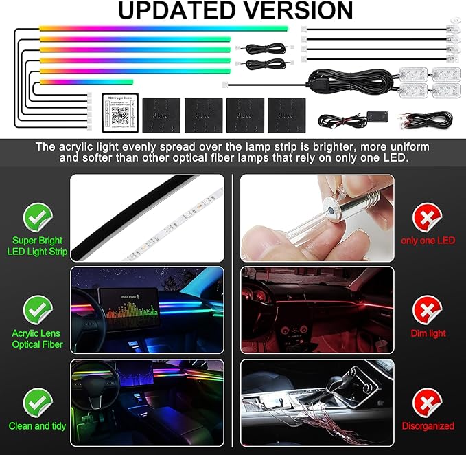 Dreamcolor Acrylic Interior Car LED Strip Light with Wireless APP, RGB 14 in 1 with 175 inches 612 LEDs Fiber Optic Strip Lights for Car, Dual Zone Music Sync Neon Car Ambient Lighting Kits