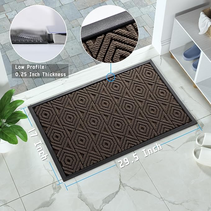 Yimobra Door Mat, Outdoor Indoor Entrance Welcome Mat, Heavy Entry Front Door Mat, Stain & Fade Resistant, Low Profile, Sturdy Rubber, Easy Clean Patio Floor Mat, Waterproof, 29.5 x 17, Brown