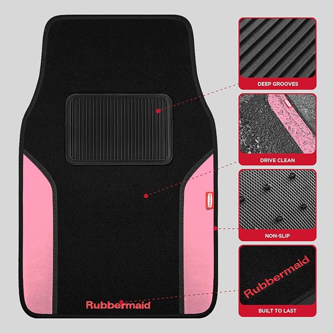 Rubbermaid Car Mats, Carpeted Floor Car Mat with Faux Leather & Built-in Heel Pad, Two-Tone Car Rug Floor Mats, Stylish Carpeted Floor Mats for Cars, Trucks & SUVs Pink Color