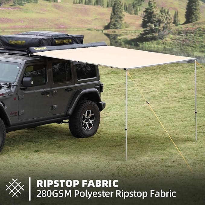 Vehicle Awning, 6.6ft x 8.2ft, Rooftop Pullout Ripstop UPF50+ Side Awning, Reinforced Hinges & Poles for Jeep/SUV/Truck/Van