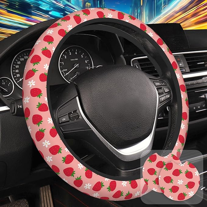 Strawberry and Flower Steering Wheel Cover for Women, Anti-Slip Car Steering Wheel Cover with 2 Pcs Cup Holders Neoprene Breathable Car Accessories Universal 15 Inch Auto Interior Decor