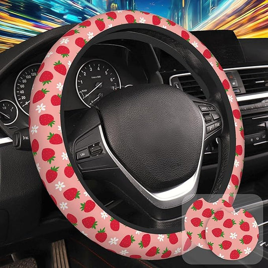 Strawberry and Flower Steering Wheel Cover for Women, Anti-Slip Car Steering Wheel Cover with 2 Pcs Cup Holders Neoprene Breathable Car Accessories Universal 15 Inch Auto Interior Decor