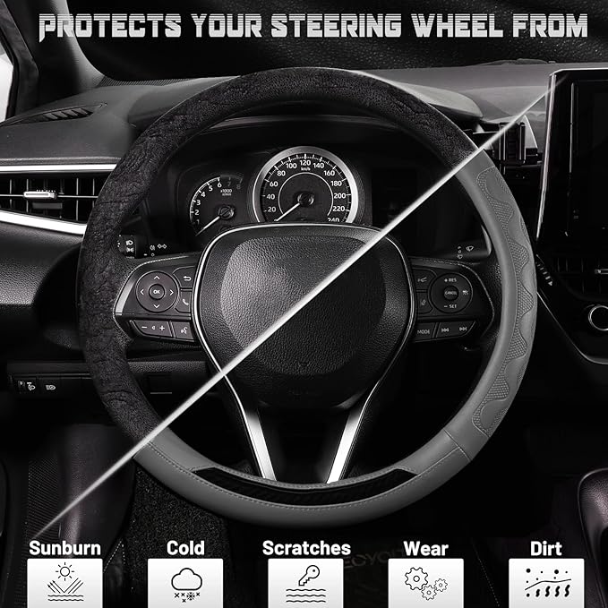 SEG Direct Car Steering Wheel Cover Medium Size 14 1/2"-15" Embossed Microfiber Leather with Carbon Fiber Pattern Gray