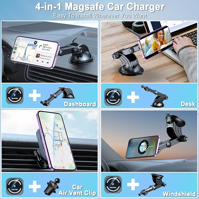OHLPRO Dashboard Magnetic Phone Holder for iPhone MagSafe Car Mount Charger, Windshield Suction Wireless Car Charger, Car Vent Charging Stand for iPhone 17 16 15 14 13 Pro Max Mini