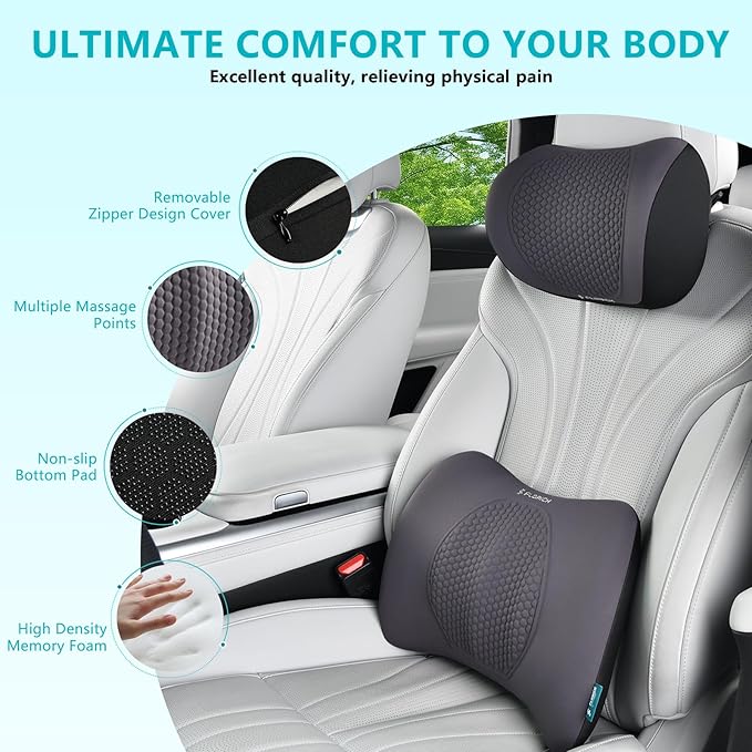 FLORICH Lumbar Support with Car headrest Back Pillow for Chair Headrest Pillow with Gel Memory Foam Massage Point Memory Foam Back Pillow for Office Chair(Grey)