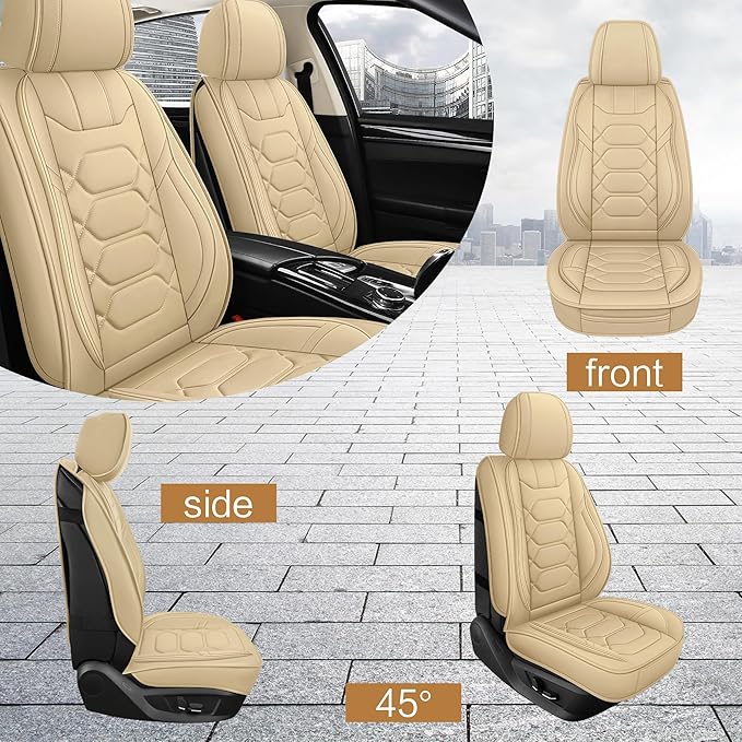 Pariitadin Leather Car Seat Covers Front Pair, Waterproof Breathable Faux Leather Automotive Seat Covers for Cars, Non-Slip Car Interior Covers Universal Fit Most Cars Sedans Trucks SUVs, Beige