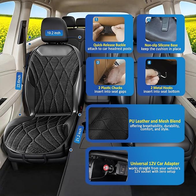 3-in-1 Cooling Car Seat Cushion with Massage & Temperature Control, 16 Fans Ventilated Seat Cooler, 12V Front Seat Summer Cooling Seat Cover for Car SUV Truck (Black)