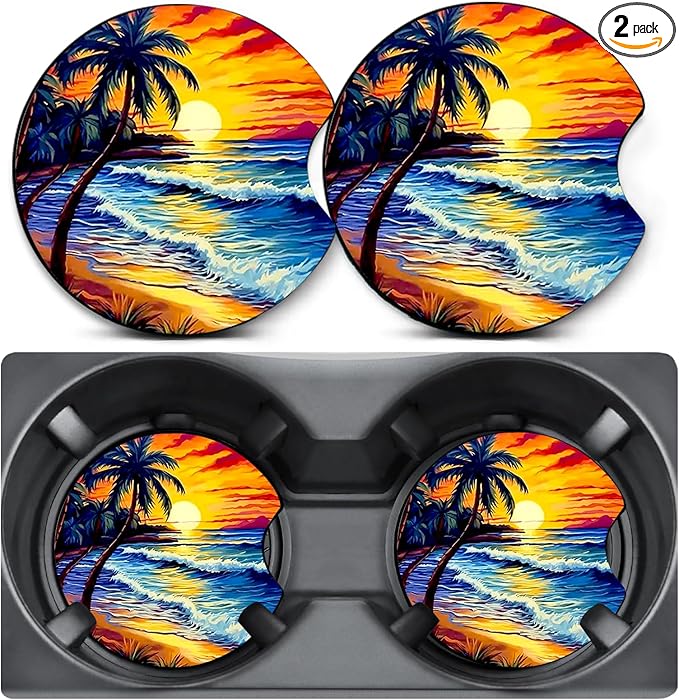 2 Pack Car Coasters for Cup Holders,Beach Sunset Coconut Tree Car Cup Holder Coasters,2.75" Universal Size Anti Slip Rubber Mat,Automotive Interior Accessories,Gifts for Women Mom Men Wife
