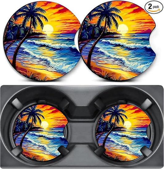 2 Pack Car Coasters for Cup Holders,Beach Sunset Coconut Tree Car Cup Holder Coasters,2.75" Universal Size Anti Slip Rubber Mat,Automotive Interior Accessories,Gifts for Women Mom Men Wife