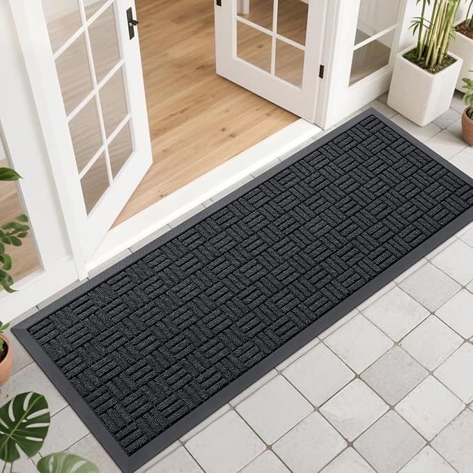 OLANLY Front Door Mat Outside Entrance 47x17, Absorbent, Heavy Duty Sturdy Natural Rubber Doormat Indoor Outdoor, Stain and Fade Resistant, Non-Slip Backing Low Profile Floor Mat for Entryway, Black
