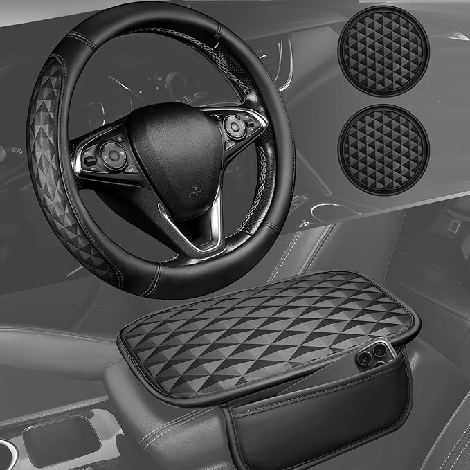 CAR PASS 3D Memory Foam Leather Steering Wheel Cover Set, Comfortable Leather Center Console Armrest Cushion with Storage Bags Non-Slip 14.5-15in Car Interior Covers Sets, 4 PCS All Black Rhomb