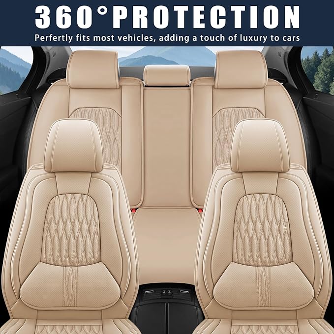 WELLDO Car Seat Covers Full Set, Premium Nappa Leather Seat Covers for Car, Waterproof Car Seat Protector with Lumbar Support, Automotive Seat Covers Universal Fit for Most Cars SUV Truck, Beige-white