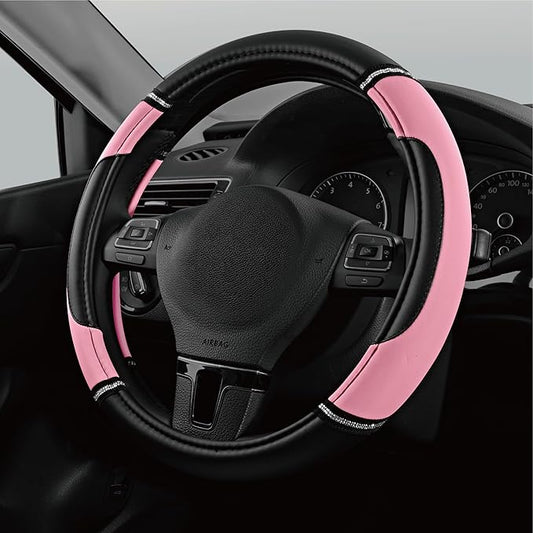 Road Comforts Leather Steering Wheel Cover - Made with PVC Leather - Anti-Slip, Universal Fit 14 1/2 inches to 15 inches - Pink