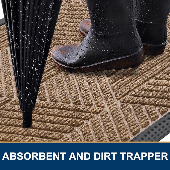 Smiry Front Door Mat Outside Entrance, Heavy Duty Sturdy Natural Rubber Doormat, Trap Dirt and Moisture, Easy Clean Low Profile Mats for Indoor Outdoor Entry, Irregular Triangle (47x32, Light Brown)