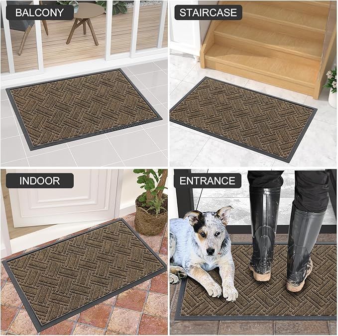OLANLY Indoor Outdoor Mat, Sturdy Natural Rubber Floor Mat, Non Slip Low Profile Waterproof Doormat, and Stain Front Door Mats, Easy Clean Patio Entrance Mat, 30''x17'', Brown