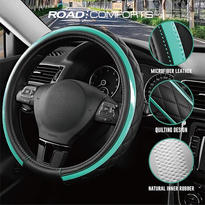 Road Comforts Leather Steering Wheel Cover – Black & Green Universal Fit 14.5-15 Inch, Microfiber Leather, Anti-Slip & Breathable Design for Men and Women