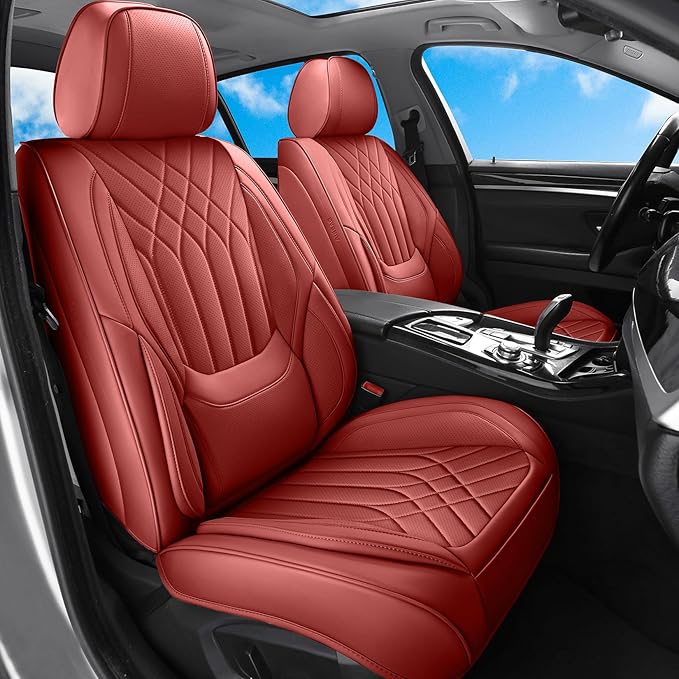 Red Car Seat Covers Front Seats, Luxury Leather Automotive Seat Covers with Lumbar Support, Red Car Inner Accessories Seat Protector Universal Fit for Most Cars Trucks Pick-ups SUV