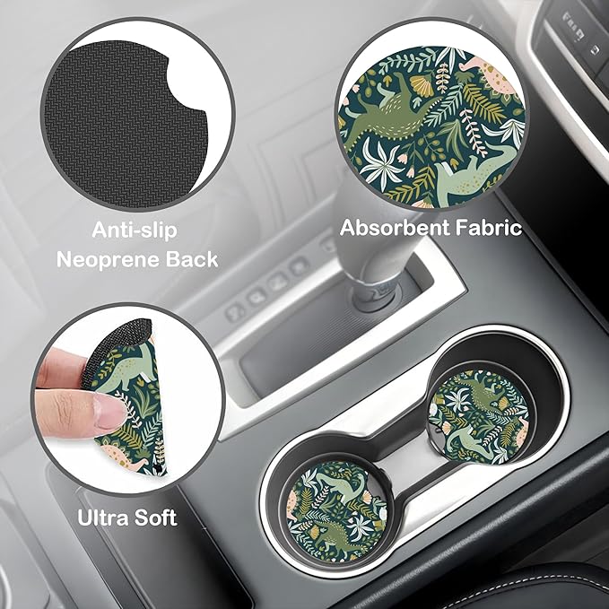 Dinosaurs and Tropical Leaves Steering Wheel Cover with 2 Pcs Car Coasters Neoprene Steering Wheel Cover for Women Men Anti-Slip Breathable Car Accessories Universal 15 Inch Fit Auto Cars Trucks