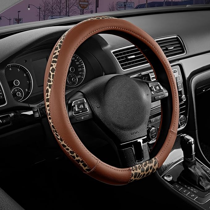 Road Comforts D-Type Steering Wheel Cover - Made with PVC Leather and Leopard Fabric - Universal Fit for 15-Inch D-Shaped Automotive Steering Wheels (Brown Color)