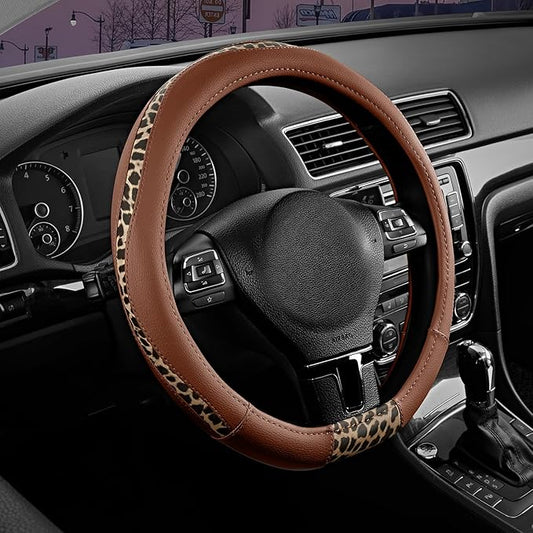 Road Comforts D-Type Steering Wheel Cover - Made with PVC Leather and Leopard Fabric - Universal Fit for 15-Inch D-Shaped Automotive Steering Wheels (Brown Color)