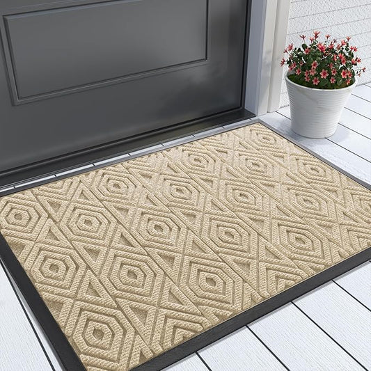 Yimobra Door Mat, Outdoor Indoor Entrance Welcome Mat, Heavy Entry Front Door Mat, Stain & Fade Resistant, Low Profile, Sturdy Rubber, Easy Clean Patio Floor Mat, Waterproof, 29.5 x 17, Light Beige