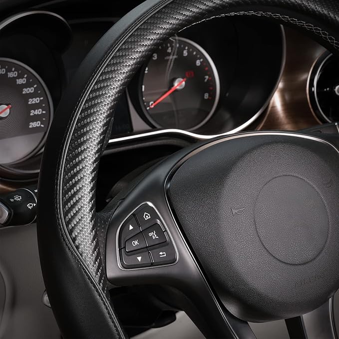 SEG Direct Car Steering Wheel Cover Universal Standard-Size 14 1/2"-15" Leather with Carbon Fiber Pattern Black