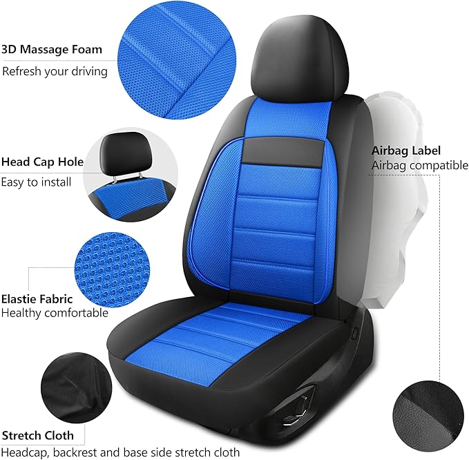 Leather 3D Foam Back Support Car Seat Covers Full Set Air Mesh Automotive Seat Covers, All Season Car Seat Cover Fit Automotive,SUV,Sedan,Van, Airbag Compatible Elegance (Black Blue)