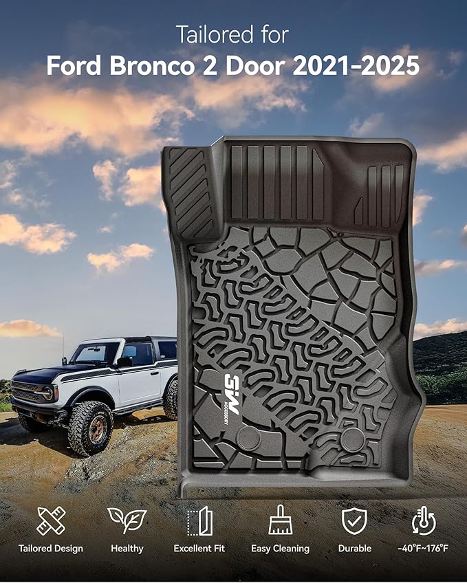 3W Floor Mats & Cargo Liner Fit for 2021 2022 2023 2024 2025 Ford Bronco 2 Door All Weather TPE Car Accessories Custom Fit Floor Liner and Full Set Car Mats (Not for Bronco Sport & Rubberized Floor)