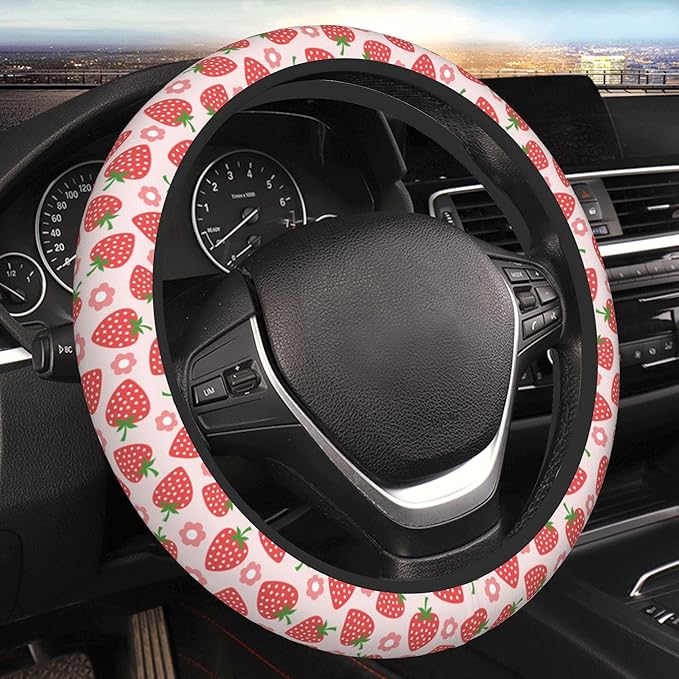 Pink Car Accessories Cute Strawberry Flower Steering Wheel Cover Women Car Steering Wheel Covers Protector Universal 15 Inch