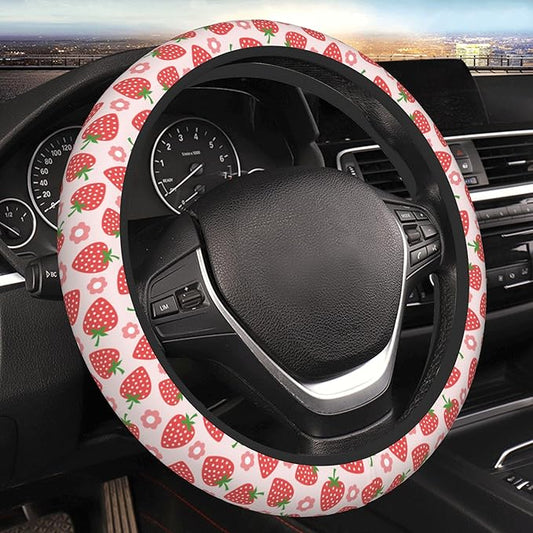Pink Car Accessories Cute Strawberry Flower Steering Wheel Cover Women Car Steering Wheel Covers Protector Universal 15 Inch