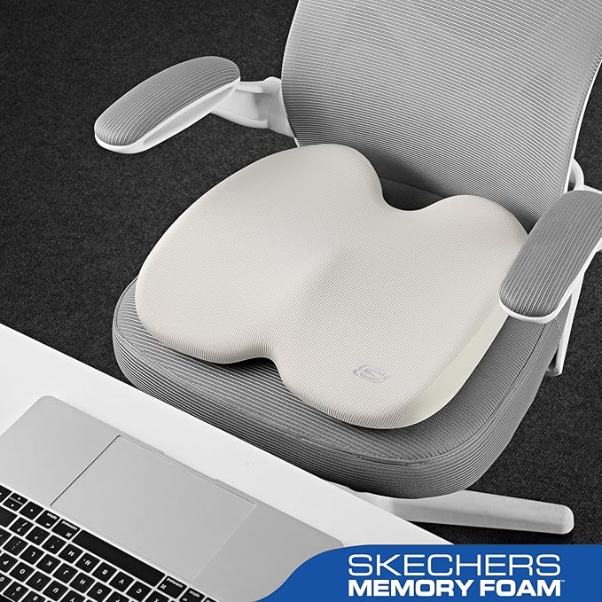 Skechers Memory Foam Seat Cushion,Ribbed Fabric Office Chair Cushion for Tailbone Pain Relief,Butt Pillow for Office Chair,Car Seat Cushion,Long Sitting Office Workers,and Car Drivers,Beige