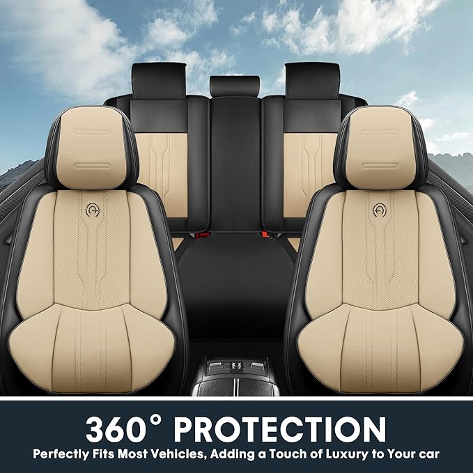 AOOG Car Seat Covers Full Set, Leather Seat Covers for Car, Waterproof Car Seat Protector with Lumbar Support, Automotive Seat Covers Universal Fit for Most Cars SUV Trucks (Full Set, Beige&Black)