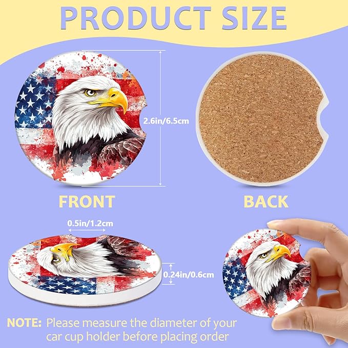 2 Pack Car Cup Holder Coaster-American Flag Eagle Absorbent Ceramic Coaster, Car Coasters for Cup Holders,Auto Accessories for Women & Men