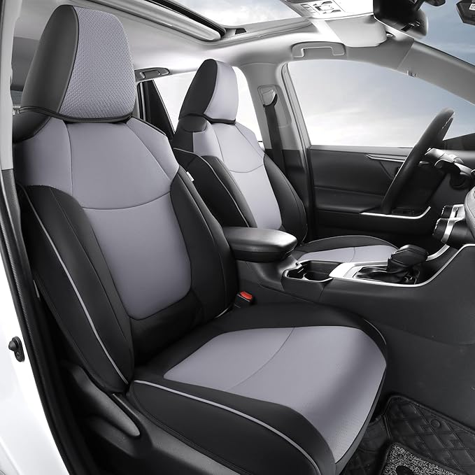 AOOG Leather Car Seat Covers Fit RAV4, Waterproof Faux Leather Seat Covers Custom Fit for Toyota RAV4 2019 2021 2022 2023 LE,XLE,XLE Premium, Limited (Front Pair, Black&Grey)