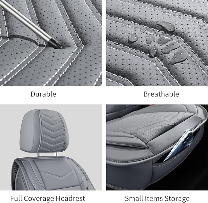 Leather Car Seat Covers,Breathable and Waterproof Faux Leather Automotive Seat Covers for Cars,Universal Driver Seat Cover for Most SUV Truck Sedan(Style1,2 PCS Front Seat,Grey)