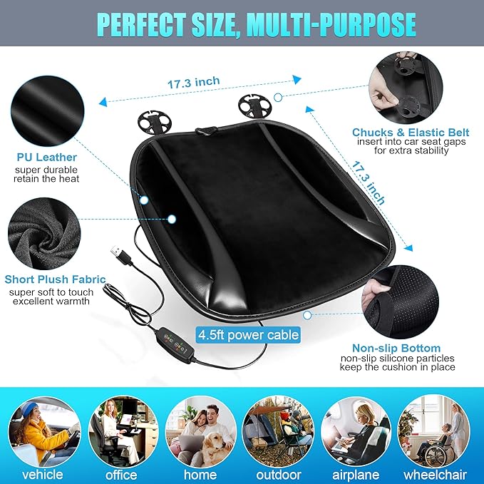 Leather Car Seat Cover for Winter - Soft Short Plush Fuzzy Car Seat Cushion with Non-Slip Bottom, Universal Fit for Car Truck SUV Driver Passenger Seat & Driver Seat, Home Office Use (Black-3)