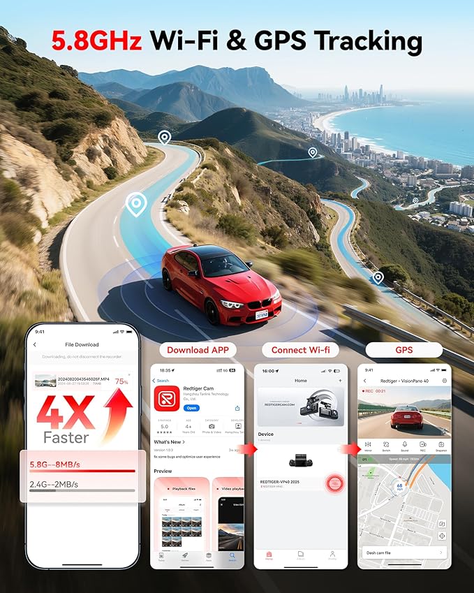 REDTIGER 4 Channel 360° View Dash Cam, Dual STARVIS 2, 2.5K*2+1080P*2 Dashcam Front and Rear Inside Left Right, 5.8GHz WiFi, 8 IR Lights Night Vision, 4 Adjustable Lenses, Included 128GB Card (VP40)