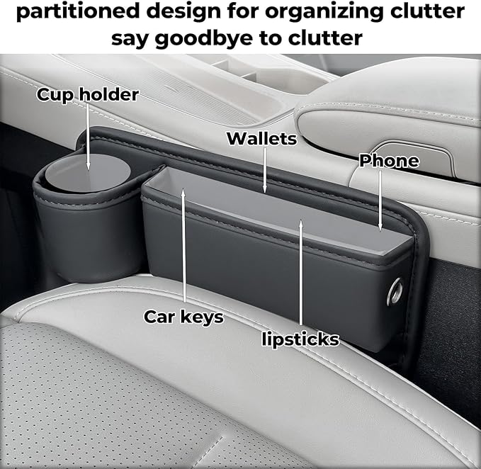 2 Packs Car Seat Gap Filler Organizer, Car Seat Organizer, Seat Gap Storage Box with Cup Holders for Drink, Car Leather Cup Holder Gap Bag Front Seat for Phone, Sunglasses,Keys(Left+Right Side)