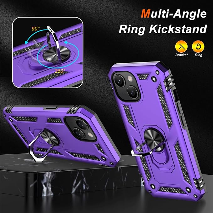 IKAZZ for iPhone 13 Case 6.1 Inch with Screen Protector,Military Grade Shockproof Heavy Duty Protective Phone Cover Pass 16ft Drop Test with Magnetic Kickstand Car Holder,Purple