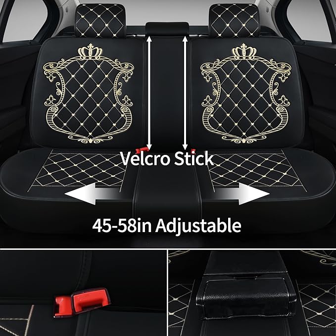Skysep Crown Full Set Universal Fit 5 Seats Car Surrounded Waterproof Leather Car Seat Covers Protector Adjustable Removable Auto Seat Cushions with 2 Waist Pillows 2 Headrest Pillows (Black-Gold)