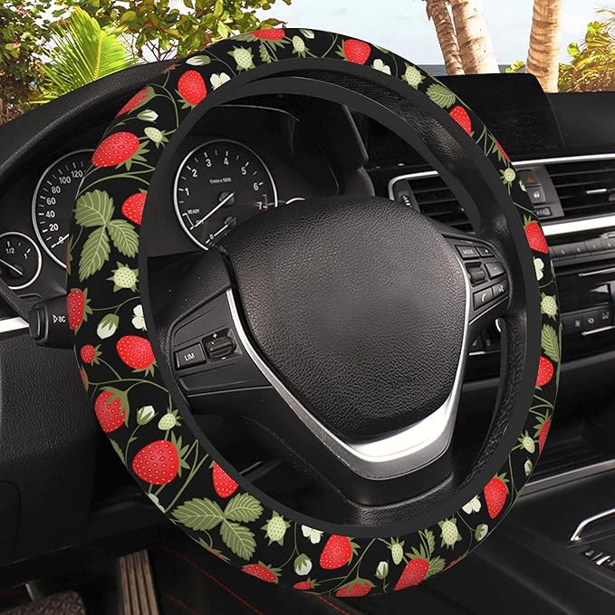 Strawberry Flowers Car Steering Wheel Cover, Non-Slip Absorbing Sweat Car Wheel Cover Accessories for Men Women,Universal 15" Fit Auto SUV Vans Trucks