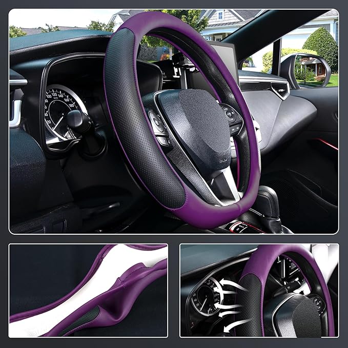 SEG Direct D Shaped Steering Wheel Cover for 14.5-15 inch Flat Bottom Wheels, Breathable Perforated Microfiber Leather, Anti-Slip Grip, Universal Fit for Cars & SUVs, Black and Dawn Purple