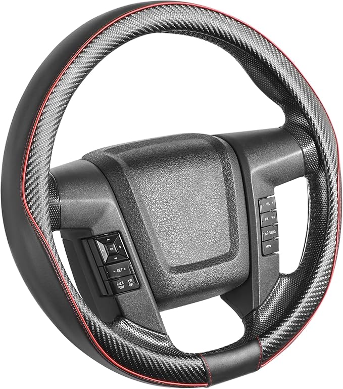 SEG Direct Car Steering Wheel Cover Large-Size for F150 F250 F350 Ram 4Runner Tacoma Tundra Range Rover with 15 1/2"-16" Outer Diameter Leather with Carbon Fiber Pattern Black and Red